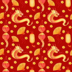 Seamless pattern of dragons and fans in orange and white on a red background. Chinese New Year seamless pattern. Lunar New Year symbol. For wallpaper, fabric, wrapping paper, cover.	