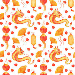 Chinese New Year seamless pattern. Lunar New Year symbol. For wallpaper, fabric, wrapping paper, cover. Sky lanterns, red paper oriental lamps hanging.