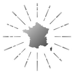 France gradiented sunburst. Map of the country with colorful star rays. France illustration in digital, technology, internet, network style. Vector illustration.