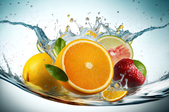 Fresh summer fruit idea with fruits in water. Generative AI