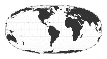 Vector world map. Waldo R. Tobler's hyperelliptical projection. Plain world geographical map with latitude and longitude lines. Centered to 60deg E longitude. Vector illustration.
