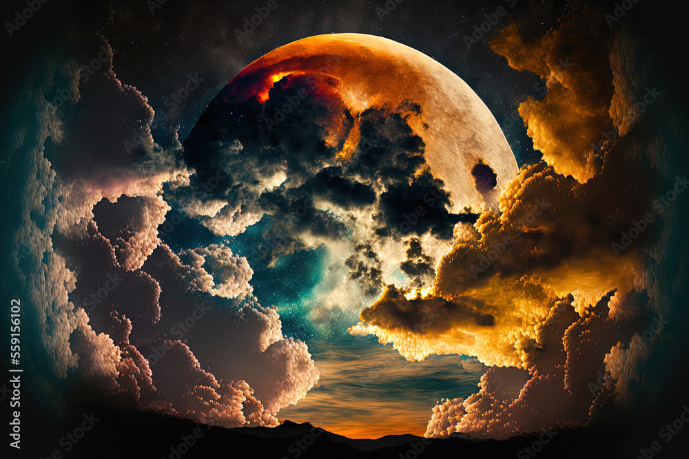 Wall mural stunning moonlight, a dramatic sunset, and a starry night sky with a planet. Generative AI