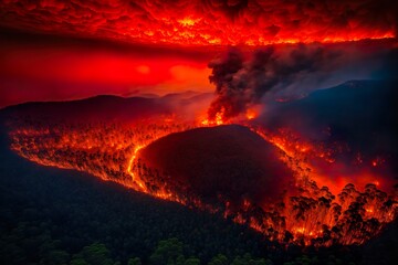 A large fire burning down a forest, skies filled with smoke
