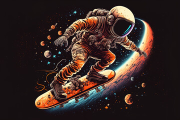 Skateboarding by astronauts in space. images for use in posters, t shirt printing, and other media. Generative AI - obrazy, fototapety, plakaty