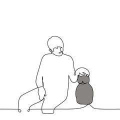 man sitting and stroking a fat gray cat - one line drawing vector. concept male cat lover caresses a pet
