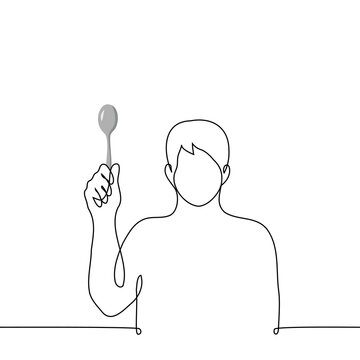 man raised a tablespoon - one line drawing vector. concept when hungry