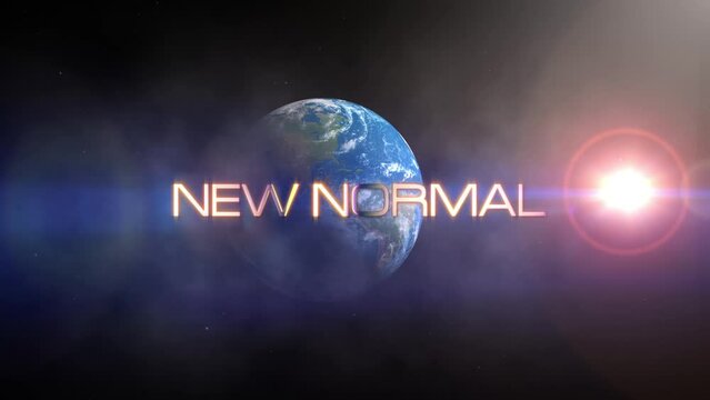 NEW NORMAL Cinematic Trailer Title Loop. 4K 3D render seamless loop futuristic cinematic title of Golden NEW NORMAL text  and  World Globe rotating flare light 