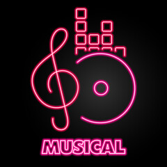 note music vinyl neon sign, modern glowing banner design, colorful modern design trends on black background. Vector illustration.