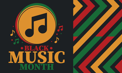 Black Music Month in June. African-American Music Appreciation Month. Celebrated annual in United States. Music concept. Poster, card, banner and background. Vector illustration
