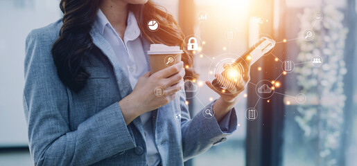 businessmen Fingerprint scanning and biometric authentication, processing of biometric for access personal data. surveillance and security scanning of digital programs cyber futuristic applications