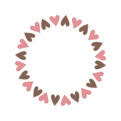 Valentines Day cute round frame. Love illustration, decorative element, frame for text or photo from romantic heart shaped patches. Valentine's day round wreath pattern for romantic event or wedding.