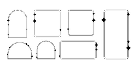 Black linear frames. Set of geometric frames with stars, sparkles to create stylish and trendy design, decor, collage. Decorative vector line elements for text or photo placement for cards, postcards.