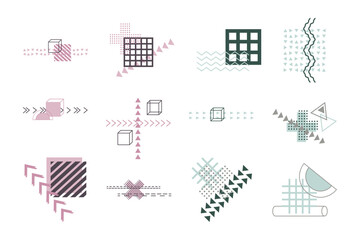 Memphis style, retro elements for banner, poster, billboard and sale. Vintage collection trendy geometric shapes. Memphis geometric art composition. Modern geometric decorative illustrations set.
