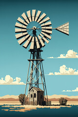 A vector illustration of a vintage windmill set against a clear blue sky. Generative Ai illustration in vector style. - 559163904