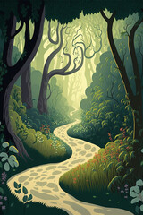 Obraz premium An illustration of a winding fairy tale path through a dense, serene enchanted forest. Generative Ai illustration in vector style.