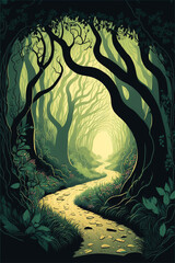 An illustration of a winding fairy tale path through a dense, serene enchanted forest. Generative Ai illustration in vector style. - 559163918