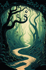 An illustration of a winding fairy tale path through a dense, serene enchanted forest. Generative Ai illustration in vector style.