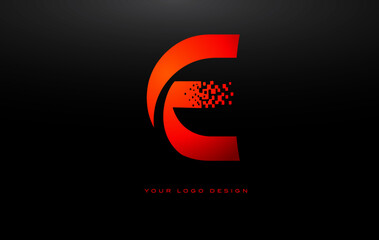 E Initial Letter Logo Design with Digital Pixels in Red Colors.