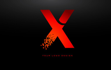 X Initial Letter Logo Design with Digital Pixels in Red Colors.