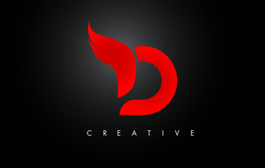 D Letter Wings Logo Design with Red Bird Fly Wing Icon.