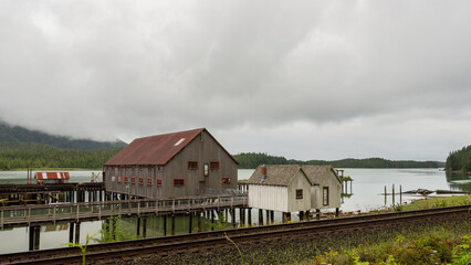 Fototapeta na wymiar abbandoned old fish factory close to prince Rupert, British Columbia, Canada
