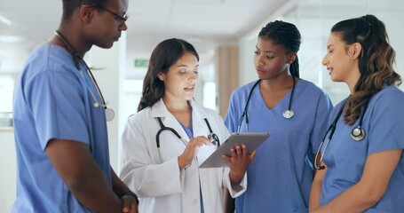 Staff, doctors and nurses with tablet, research and brainstorming for diagnosis. Team, medical professionals and teamwork for cure, discussion and talking for healthcare, analysis and conversation - Powered by Adobe