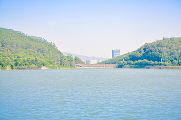 Naklejka premium Lake in the Lanshi Park,Jiangmen,Guangdong,China.The Lanshi Park also called Jiangmen Botanical Garden.