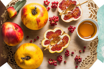 Background of the Rosh Hashanah holiday. Concept for the Jewish celebration of Rosh Hashanah honey, apples, and pomegranates. Room for text. Generative AI