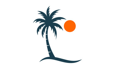 sun beach logo design, sunset with island logo design vector illustration - obrazy, fototapety, plakaty