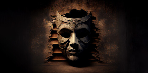 Theatrical actor classic mask on wooden wall banner dark stage light. Generative AI - obrazy, fototapety, plakaty