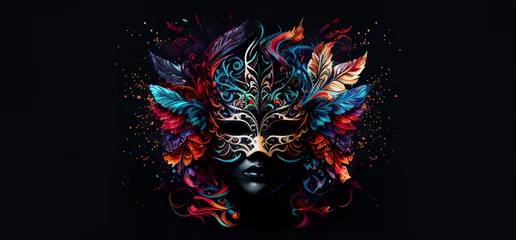 Poster Venetian female mask carnival red feathers dark splash art masquerade mardi gras banner copy space on black illustration. Generative AI © fabioderby