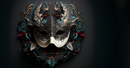 Venetian mask carnival dark splash art masquerade mardi gras banner copy space on black illustration. Generative AI - obrazy, fototapety, plakaty