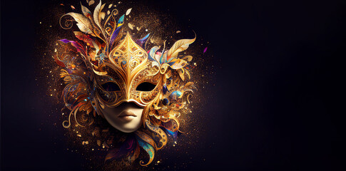 Venetian female mask carnival golden color dark splash art masquerade mardi gras banner copy space on black illustration. Generative AI