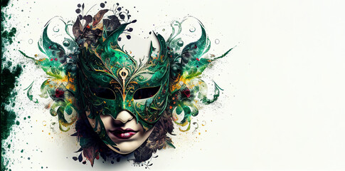 Venetian female mask carnival green colorful splash art masquerade woman red lips mardi gras banner copy space on white illustration. Generative AI - obrazy, fototapety, plakaty