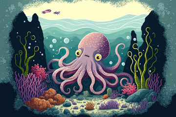 Fototapeta na wymiar Cartoon depiction of a giant octopus swimming in the ocean with seaweed, stones, and purple squid on the ocean floor as well as an underwater sea landscape. Generative AI