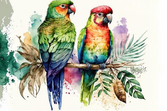 Funny birds. Tropical nature in a watercolor. African animals, nature, and adorable birds. Generative AI