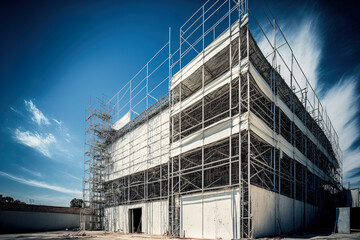 a scaffolded construction against a clear sky. Concept for renovation. 110 Superbonus in Italy. Generative AI