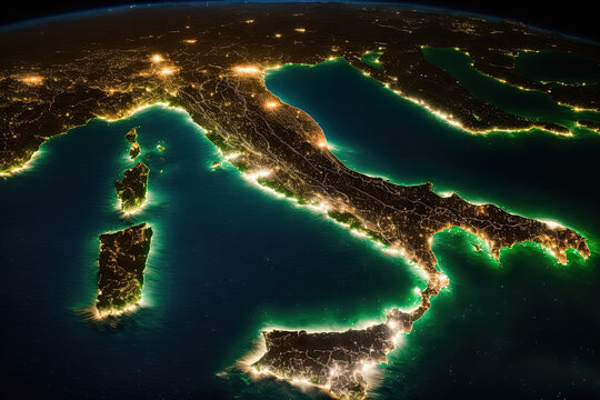 Italy's finest vista at night from space. Italian map as seen from space. Detail from an aerial view of Mediterranean Europe. Dark countryside and waters, Italian city lights. This image's components