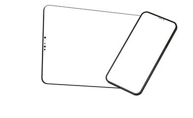 Blank screen realistic tablet frame, rotated position, side view, top view. The tablet is at different angles. Layout of a universal set of devices