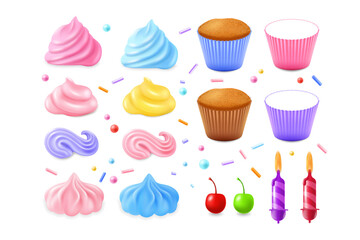 3d cupcake, muffin constructor kit, cake cups. Birthday paper, food candy, sweet cherry and chocolate, icing candy. Realistic confectionery set. Vector realistic isolated illustration