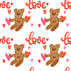 Romantic brown bear with hearts and love phrase. Valentine watercolor seamless pattern. Romantic background
