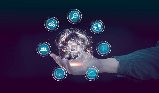 iot, Internet of things. Business technology network connection, communication by smart web, online media marketing, automation robotic concept. Tech icon on hand, multimedia, social media, cyberspace