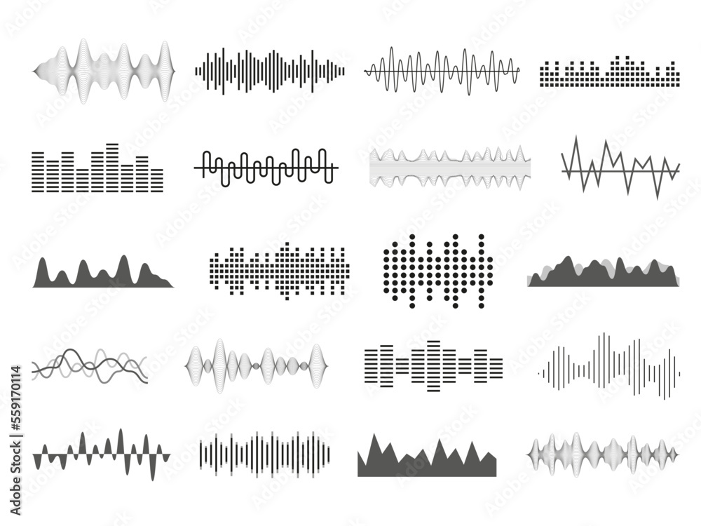 Poster Sound wave. Music audio icons. Radio soundwave. Stereo pulse chart. Bar rhythm for logo. Heart impulse graphic. Wavelength signal. Voice frequency. Vector abstract waveform shapes set