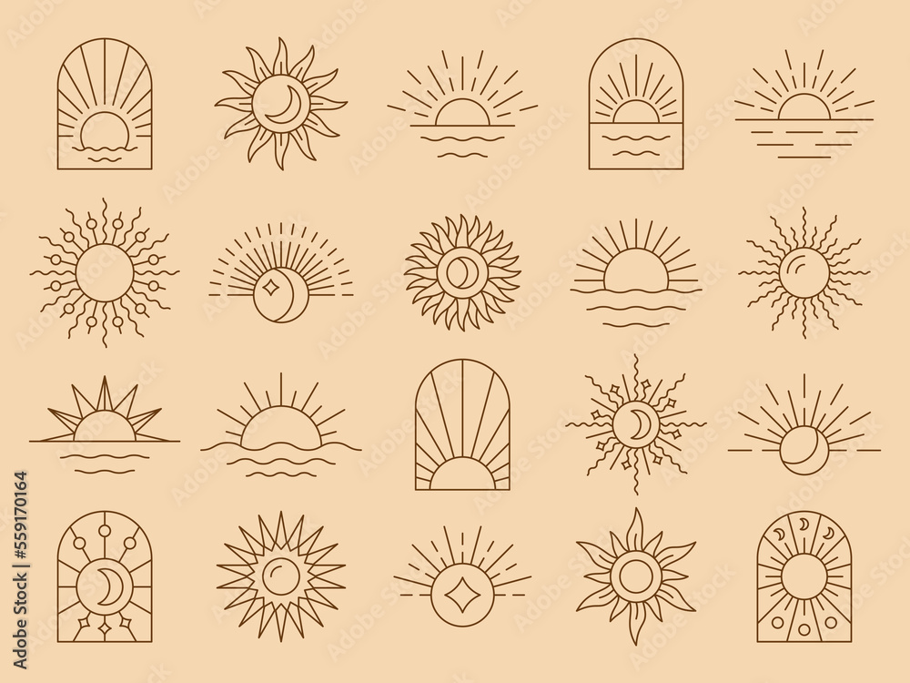 Poster sun boho icon. bohemian minimal golden rays, minimalist moon in sky, celestial beams, summer sunburs