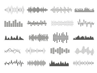 Sound wave. Music audio icons. Radio soundwave. Stereo pulse chart. Bar rhythm for logo. Heart impulse graphic. Wavelength signal. Voice frequency. Vector abstract waveform shapes set