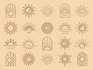 Sun boho icon. Bohemian minimal golden rays, minimalist moon in sky, celestial beams, summer sunburst logotype collection. Abstract contour vector creative monochrome design illustration set
