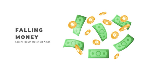 3d falling money, dollar background. Flying cash, golden coins, stack of green banknotes, gold treasures sale, bank symbols. Web banner template. Landing page. Vector realistic illustration