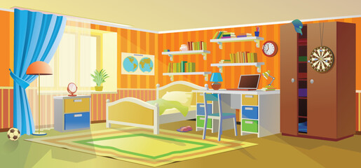Teenage room. Children's room with bed, wardrobe and study table. Vector illustration