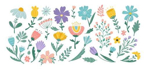 Floral Easter pattern, flowers and leaves isolated elements. Summer or spring collection for notebook decoration, garden herbs stem and meadow petals. Vector cartoon flat icon set