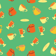 Fototapeta na wymiar Cups and saucers bright seamless pattern. Tea, tea shop, coffee. Wallpaper, wrapping paper